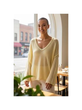 POL Yellow Lace-Up Back Knit V-Neck Sweater S (22” PTP, oversized)